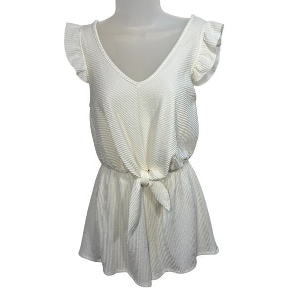 White Textured Ruffle Sleeve Romper Womens M Tie Waist Soft Girl Summer Playsuit - Picture 1 of 11